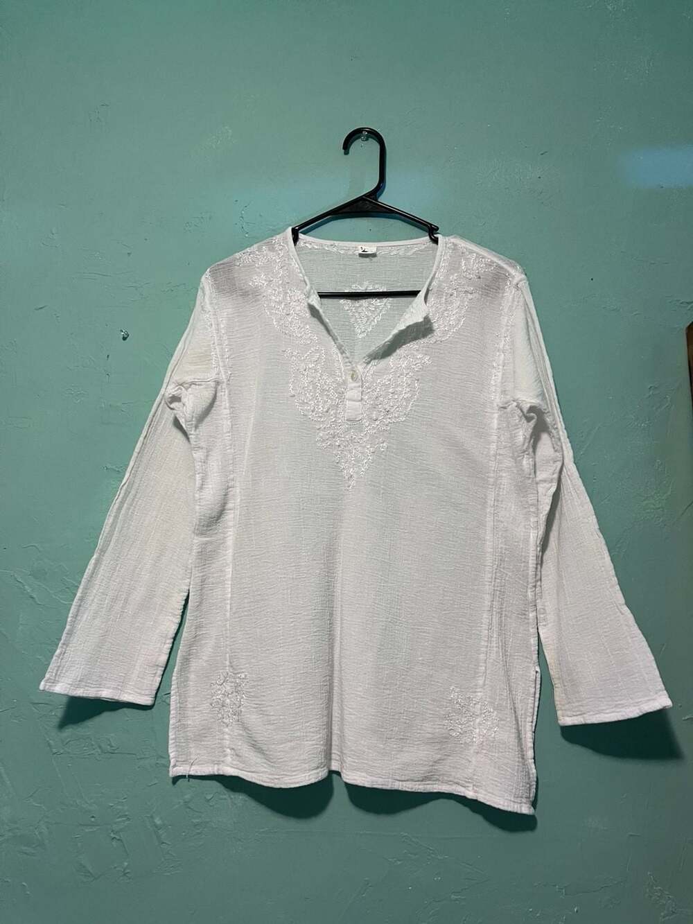 Women's White 100% Cotton Embroidered Split-Neck Tunic Blouse